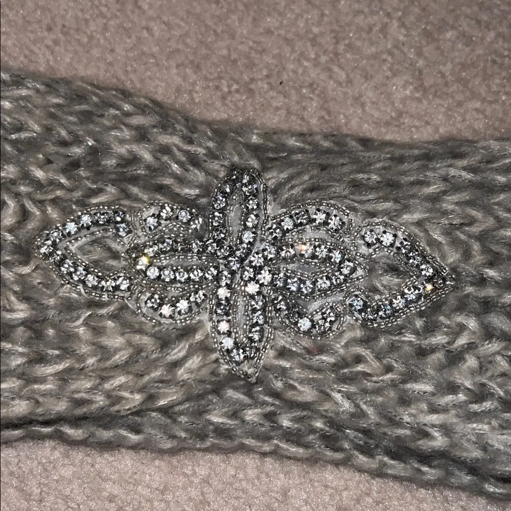 Gray rhinestone knitted  ear warmer head band